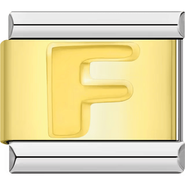 Gold Italian charm link with a raised letter "F" on a polished gold surface and silver edges.